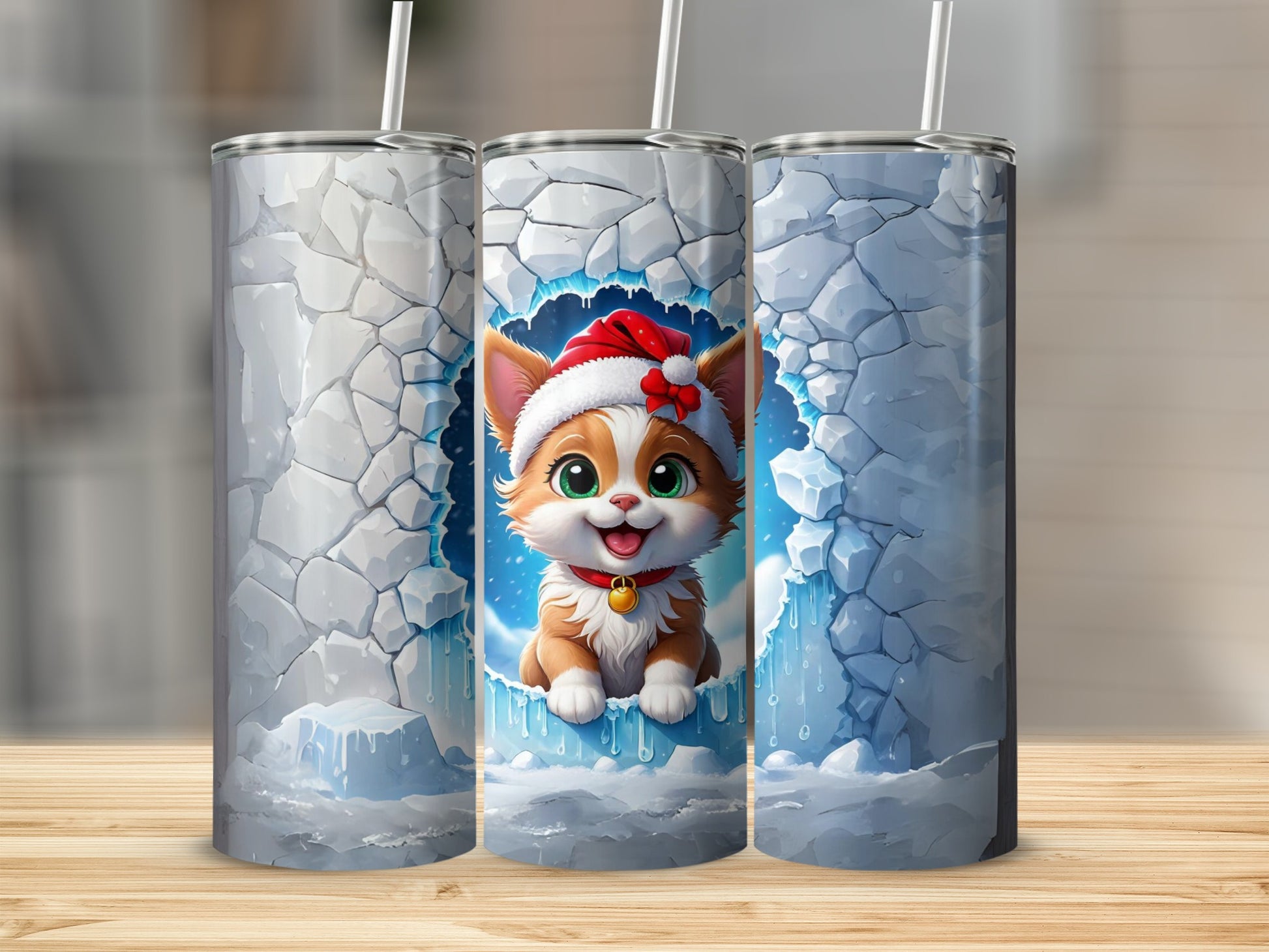 Christmas kitten in a Santa hat peeking from icy cave on a tumbler.