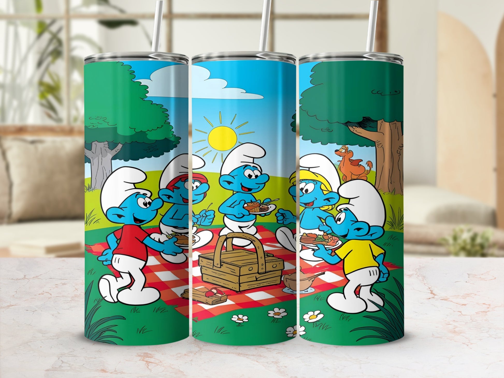Smurfs having a picnic in a sunny park with food and drinks.