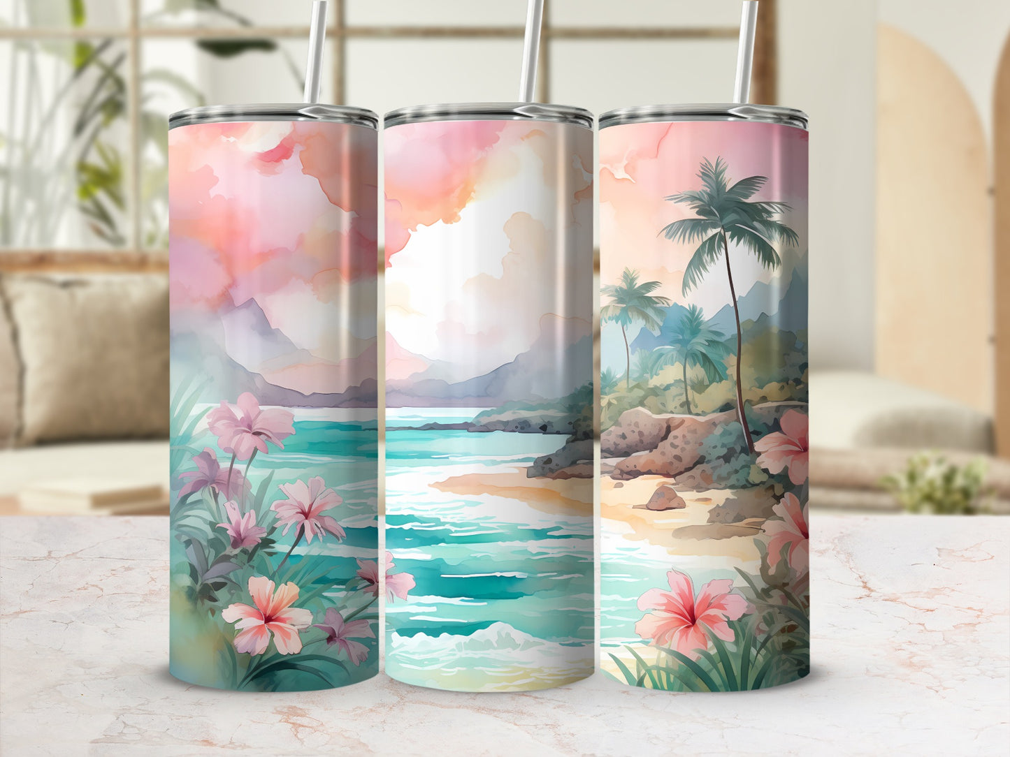 Tropical Beach Sunset Watercolor Palm Tree Hibiscus product type