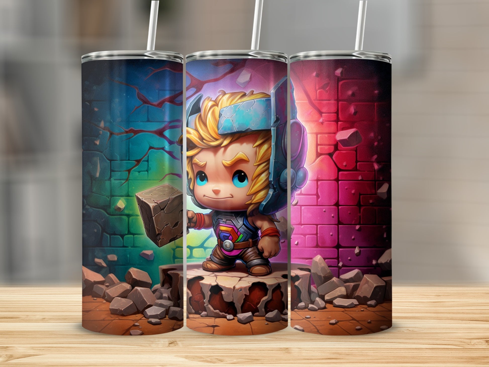 Adorable Superhero Kid Jumping Through a Brick Wall Tumbler