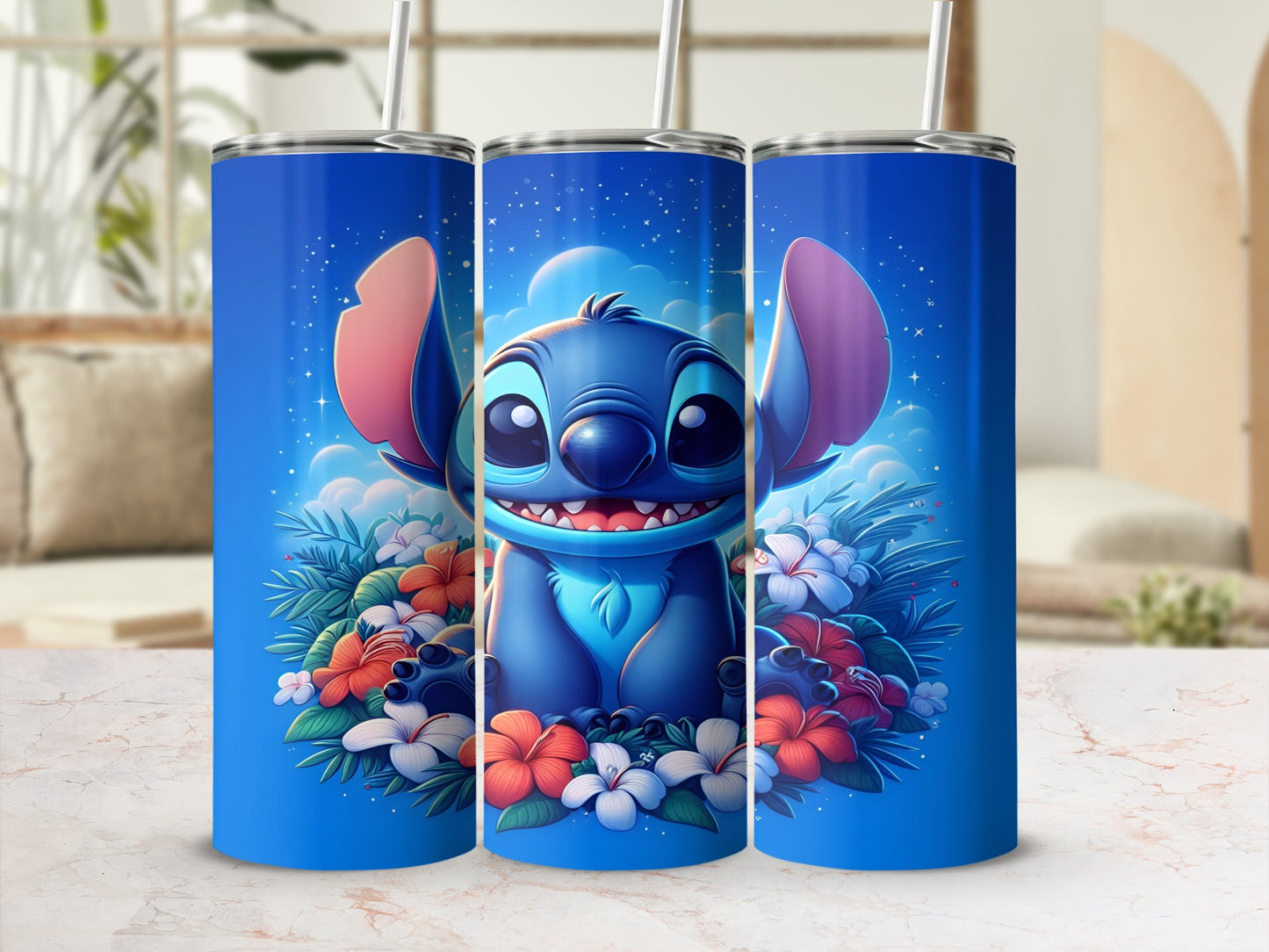 Blue Stitch character tumbler surrounded by flowers and stars.