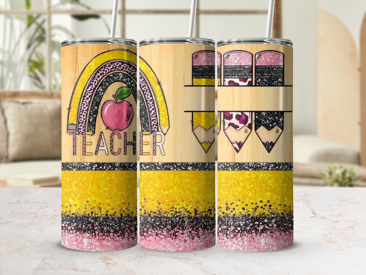 Teacher Rainbow Apple Design Decorated Pencil Style Tumblers