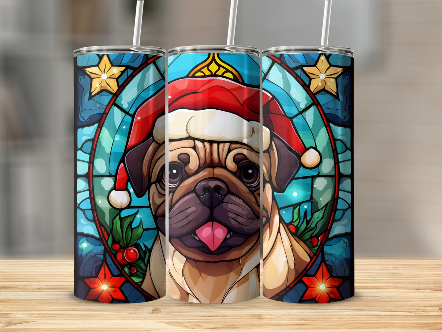 Christmas pug in Santa hat with stained glass background on three tumblers.