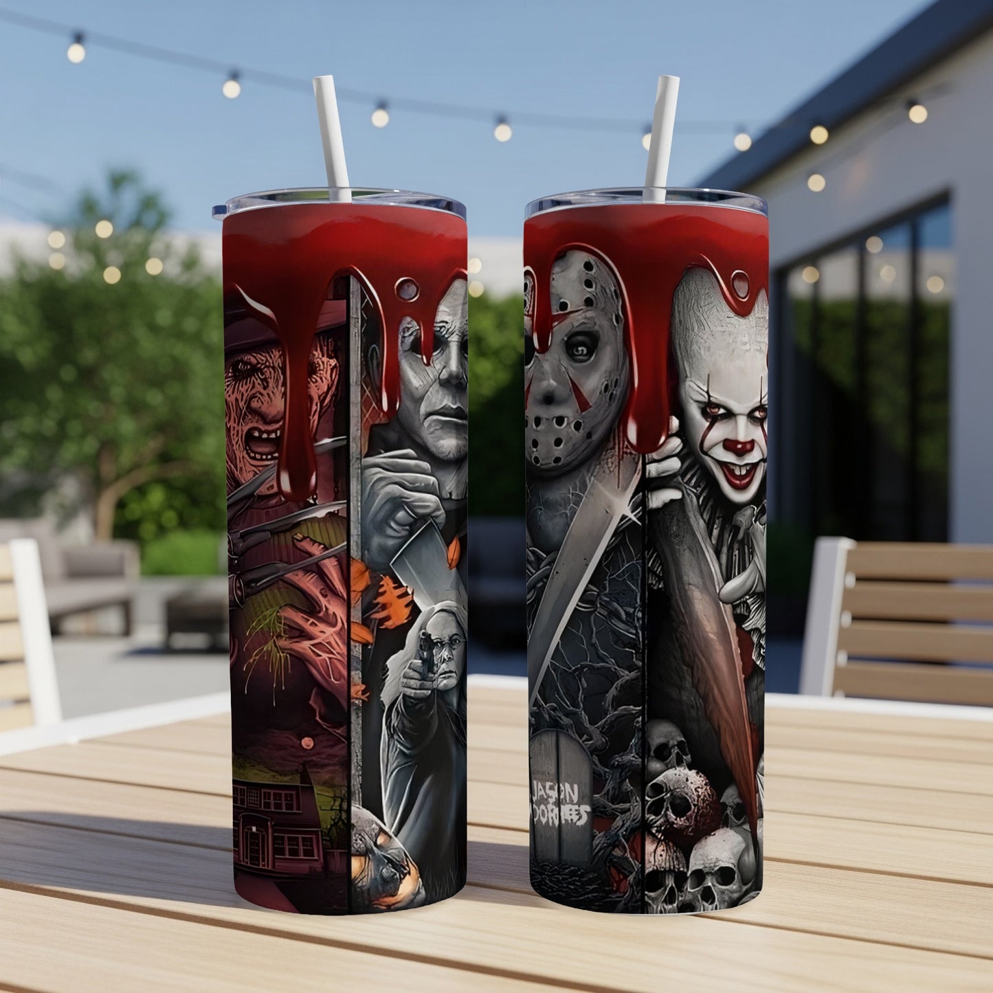 Two Halloween-themed tumblers featuring Freddy Krueger, Jason Voorhees, and Pennywise.