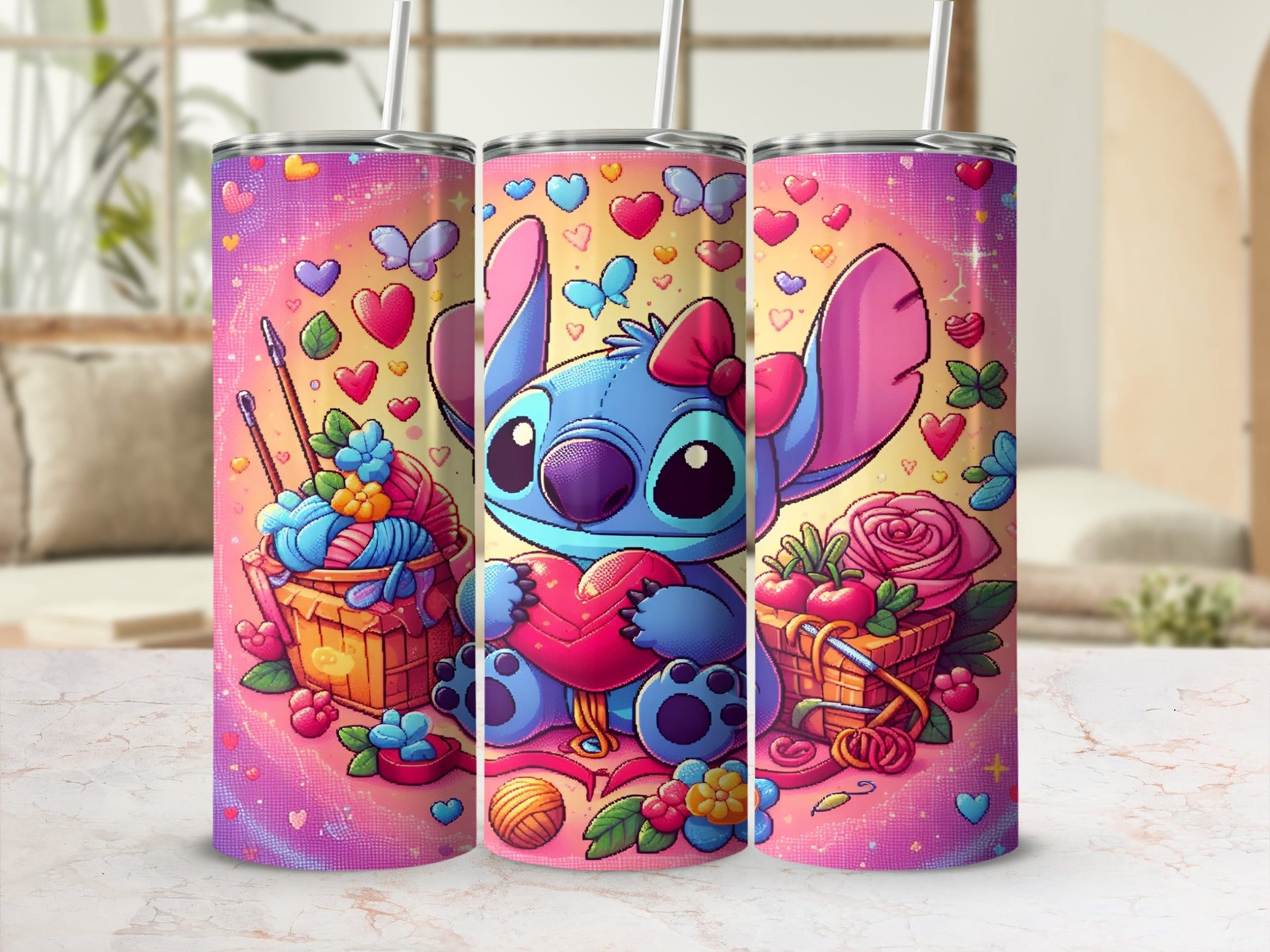 Stitch character holding a heart with yarn, flowers, and hearts.