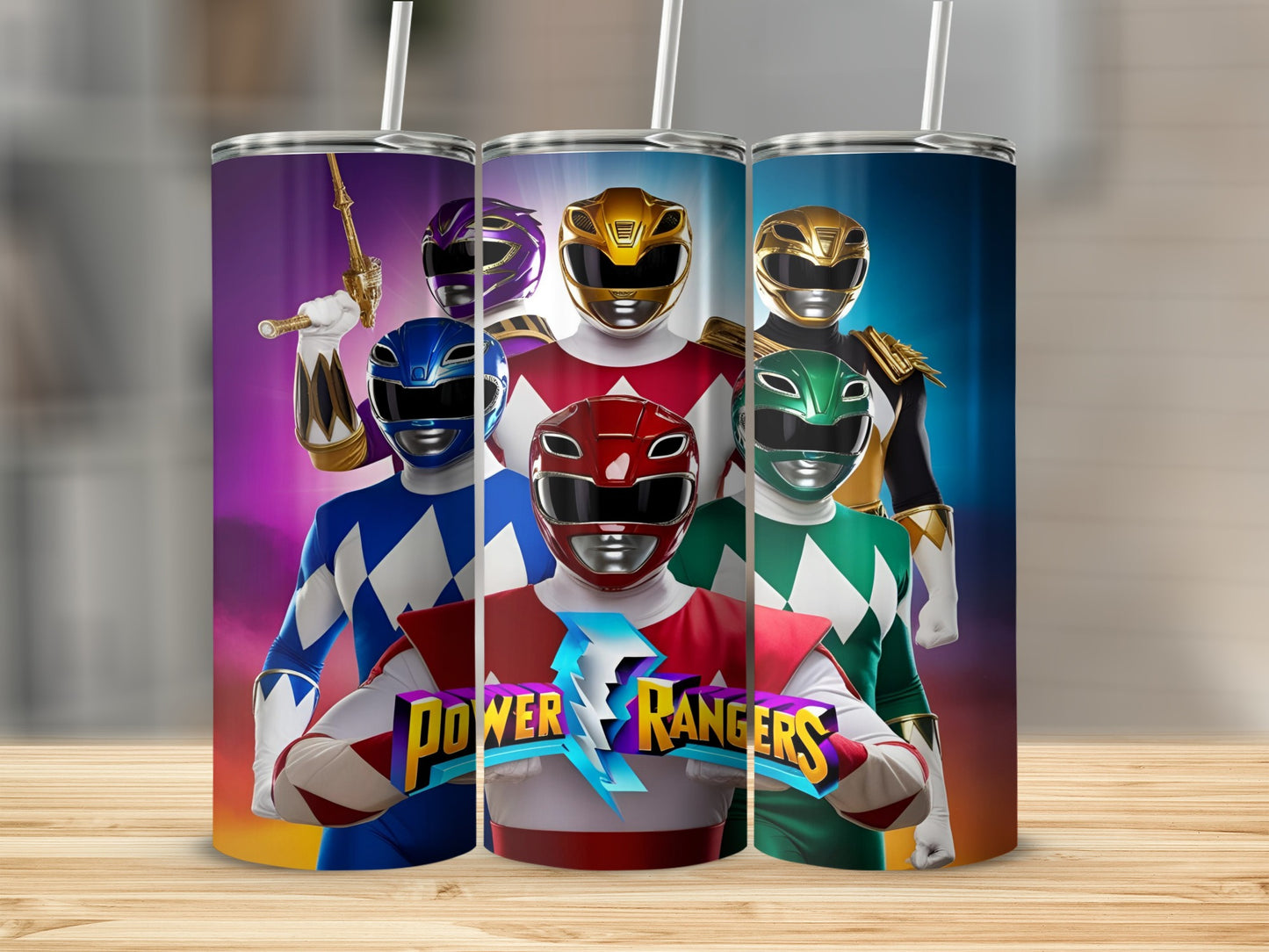 Power Rangers characters in full costume, standing in formation.