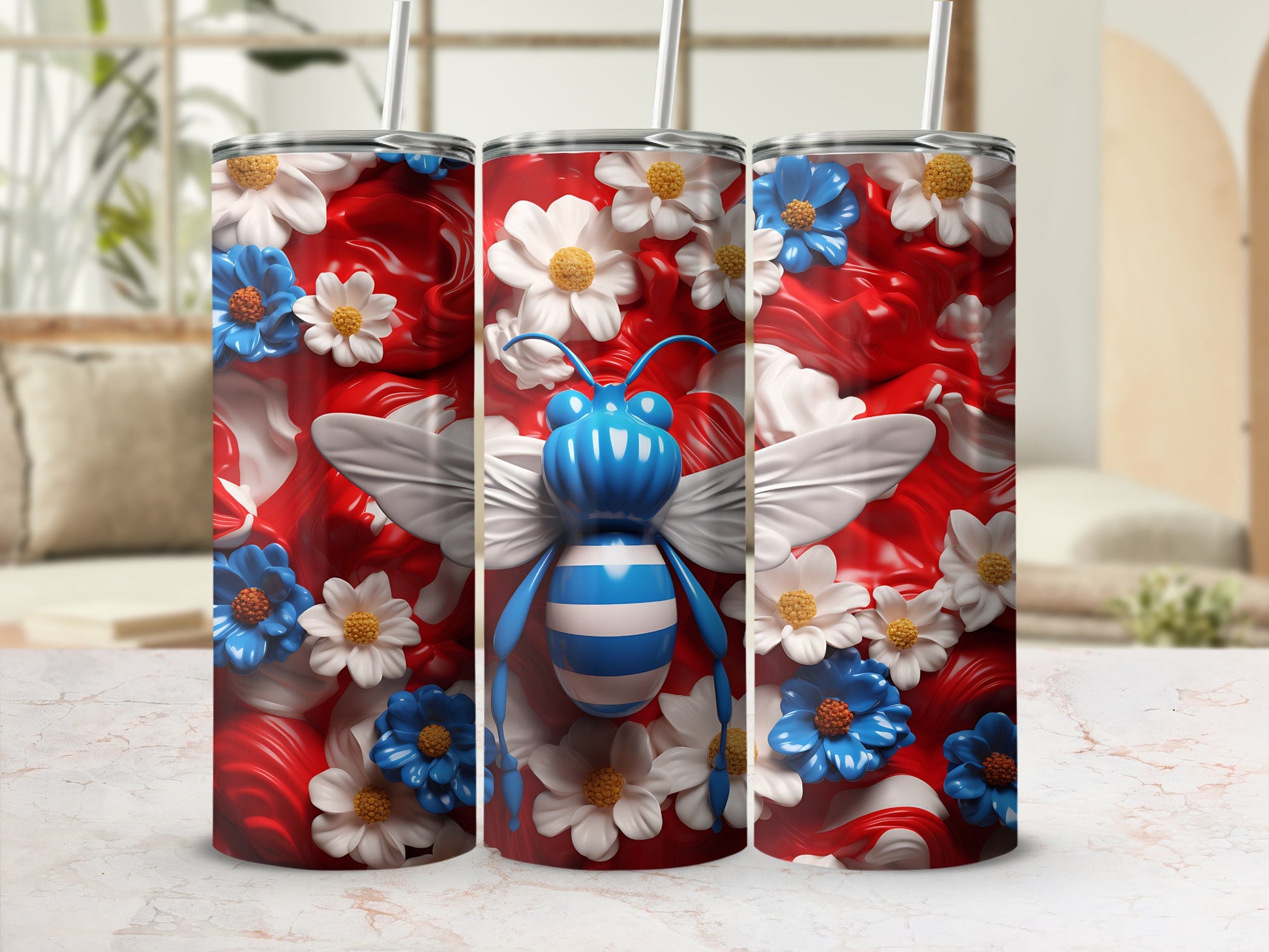 Blue and white striped bee with wings and flowers on a red abstract background.