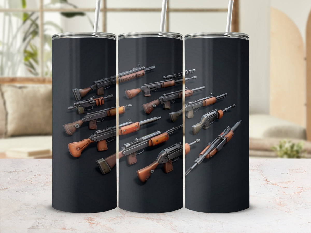 Three tumblers featuring a repeated pattern of various firearms with wooden accents.