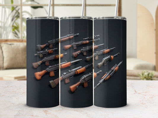 Three tumblers featuring a repeated pattern of various firearms with wooden accents.