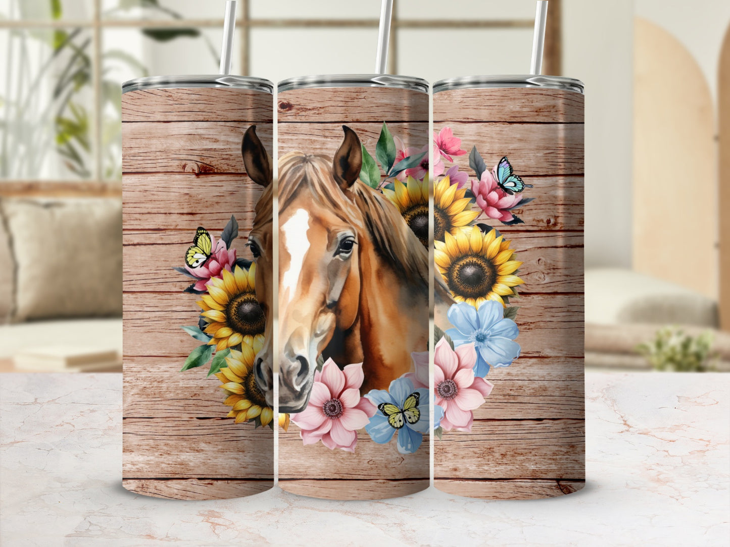 Horse head with sunflowers, blue flowers, and butterflies on wood grain tumbler.