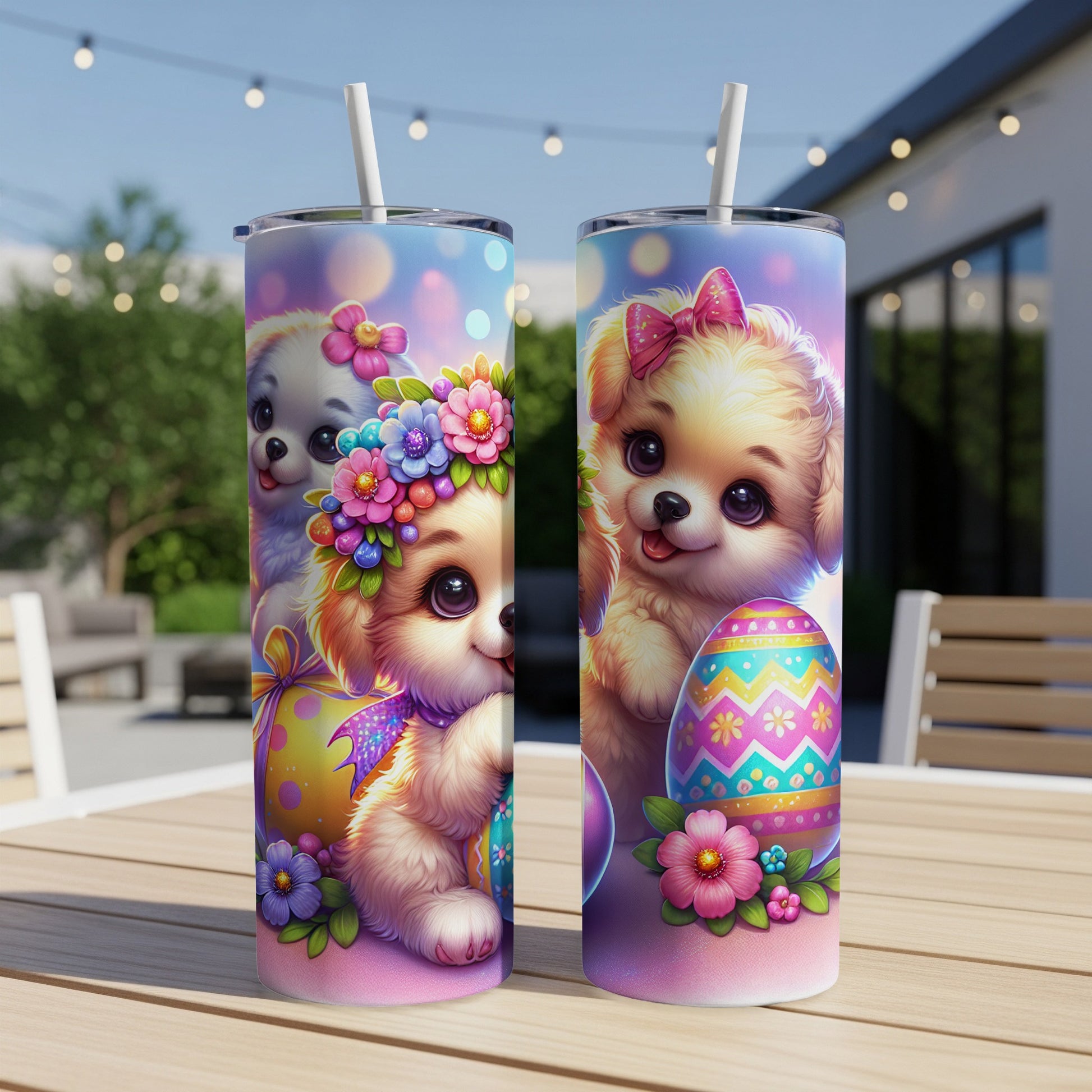 Easter puppies with flowers and eggs on tumblers.