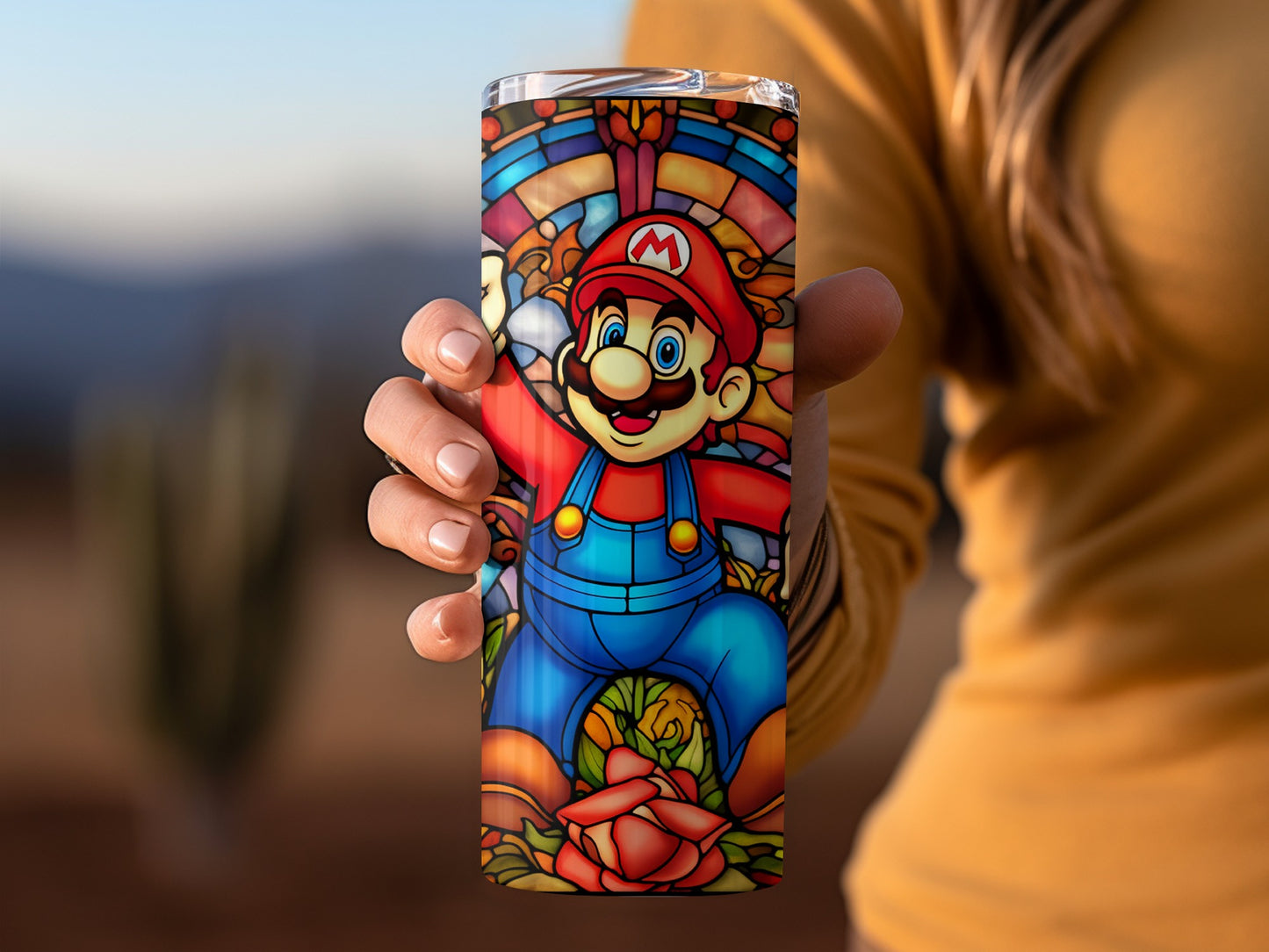 Vibrant Stained Glass Inspired Mario Tumbler Design