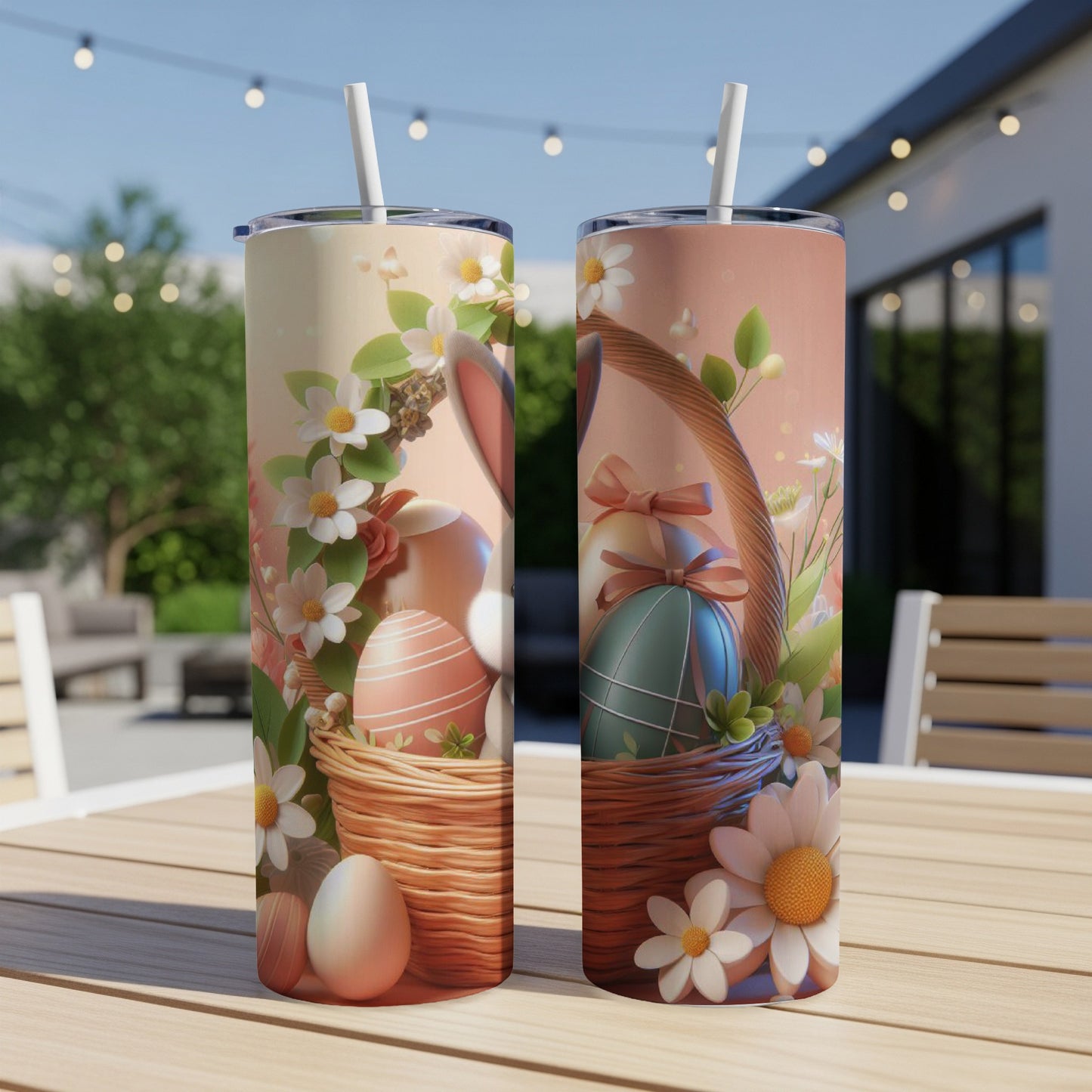 Easter basket tumblers with eggs and flowers.