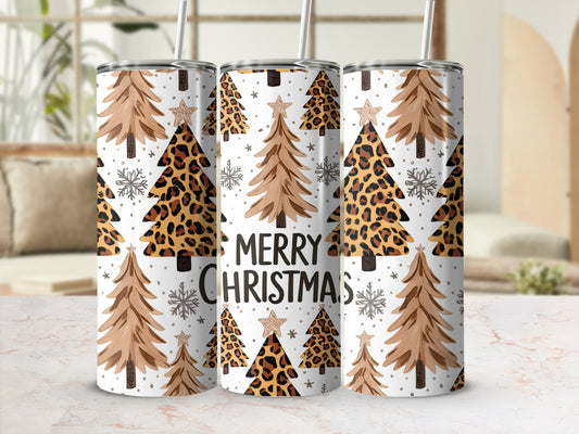 Three tumblers with Christmas trees and leopard print, reading "Merry Christmas".