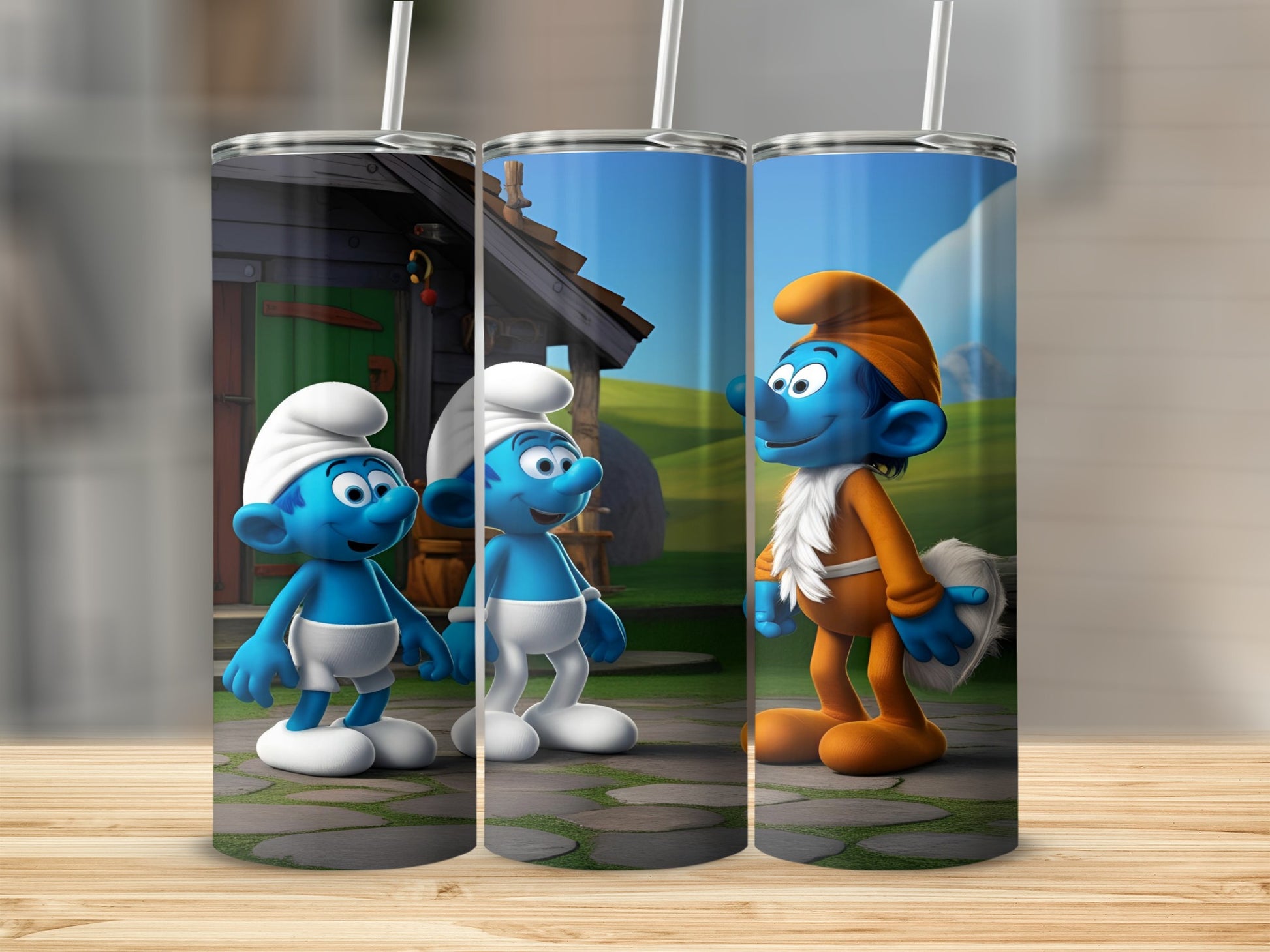 Three Smurfs in a village setting, two standing side-by-side, one in orange.