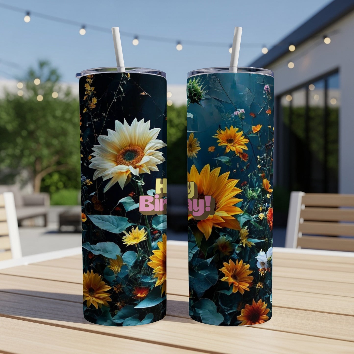 Two tumblers with "Happy Birthday!" text and sunflower floral designs.