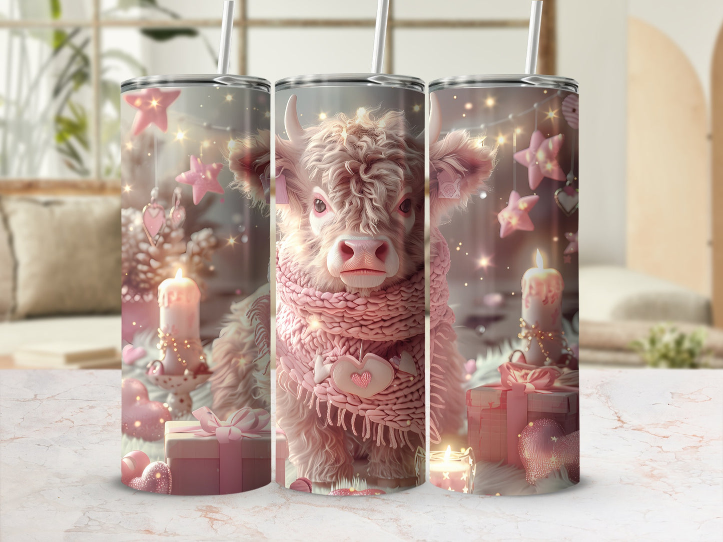Highland cow with scarf and stars, on a festive background with candles and gifts.