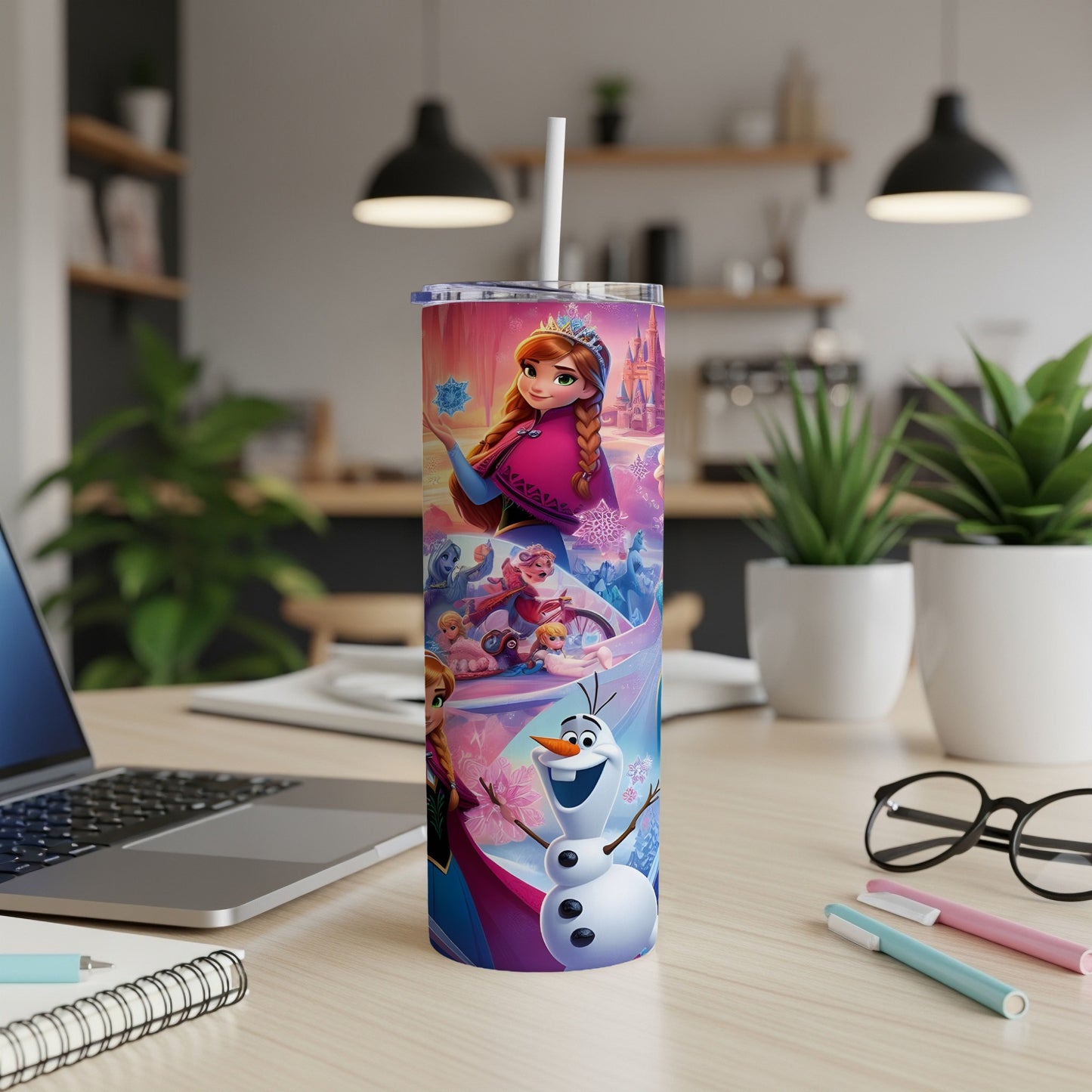Frozen-themed tumbler with Elsa, Anna, Olaf, and other characters.