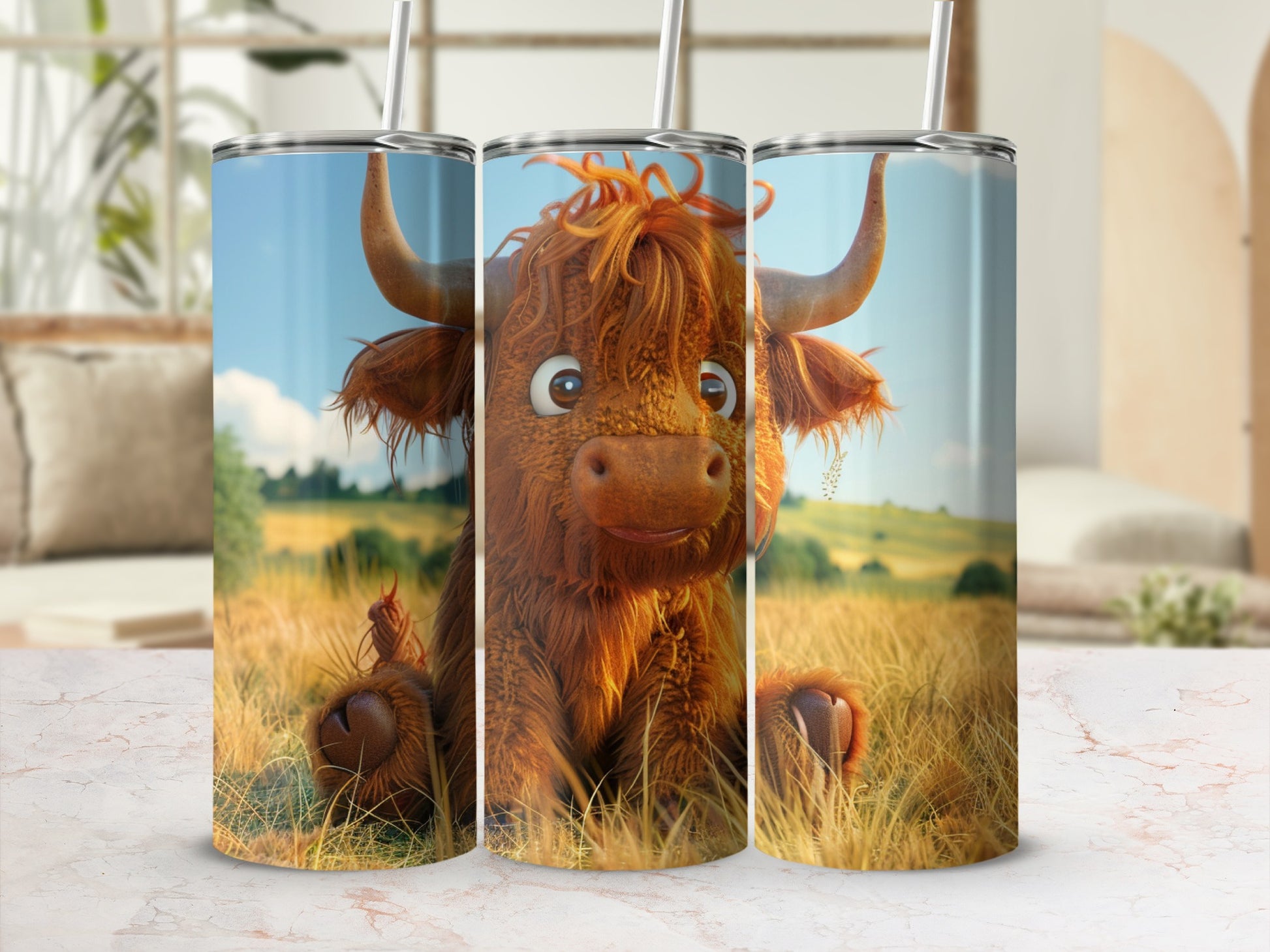 Cartoon Highland cow on a grassy field, front view.