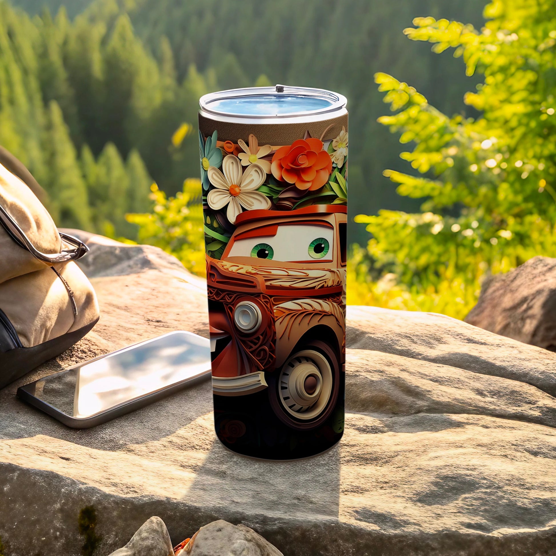 Cartoon Car and Floral Design Travel Tumbler
