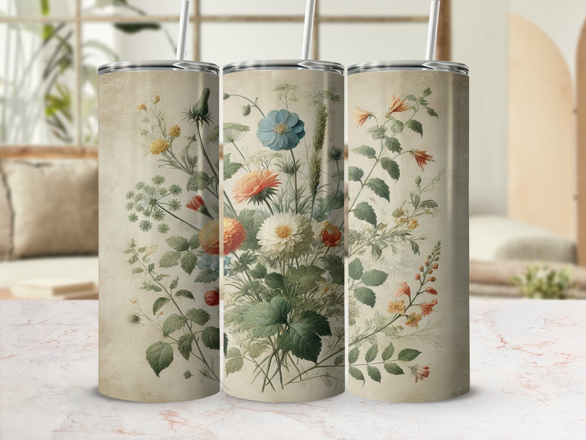 Vintage Botanical Floral Design Travel Tumbler