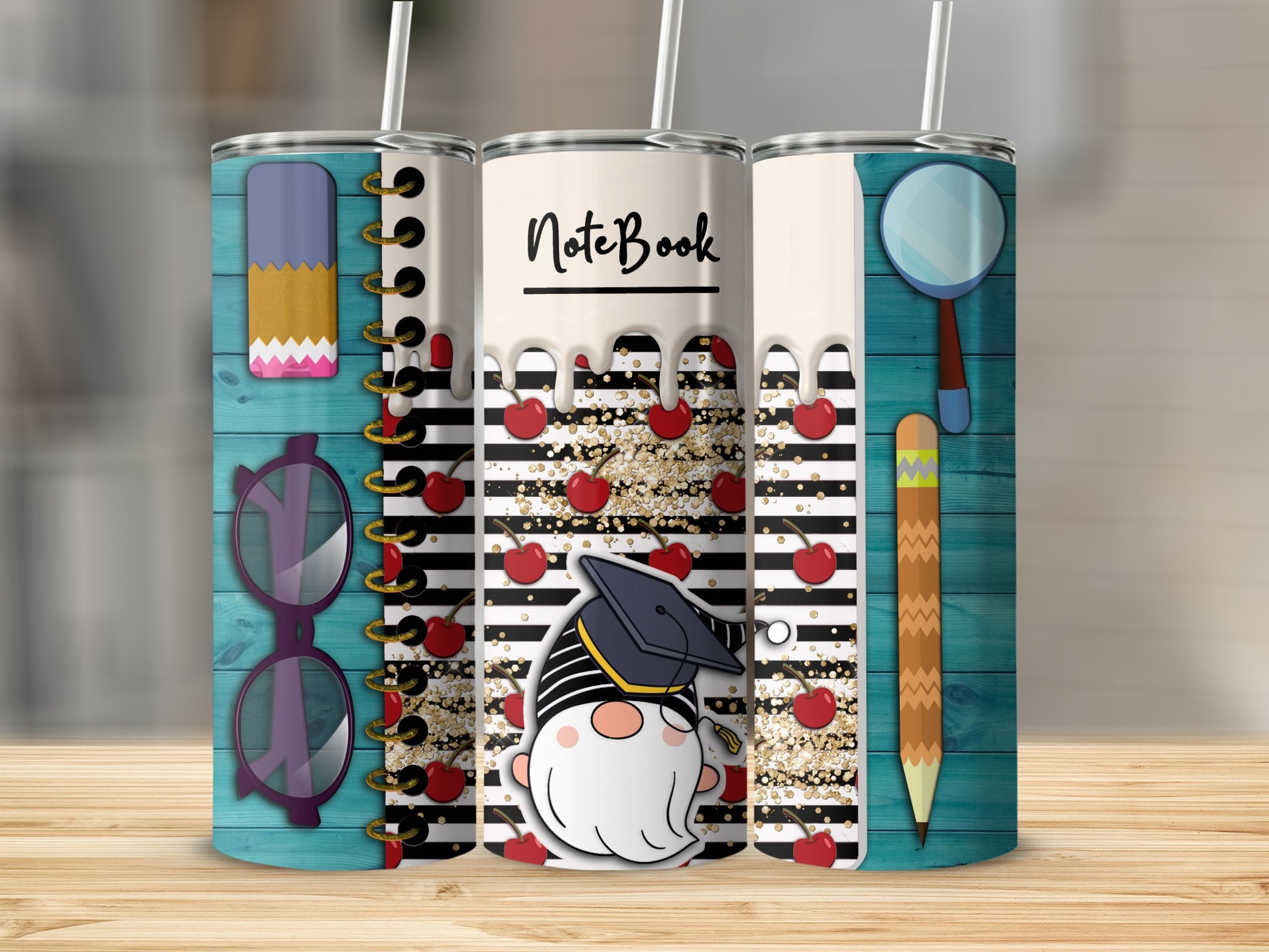 Gnome in graduation cap with cherries and school supplies on a tumbler.