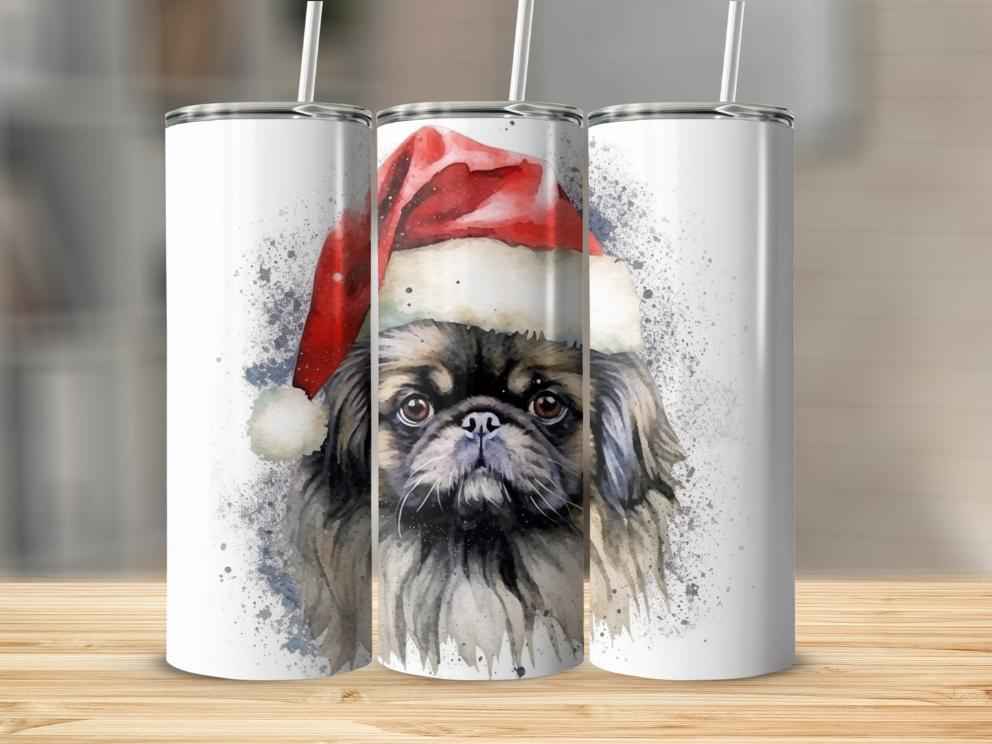 Watercolor painting of a Pekingese dog wearing a Santa hat on a white tumbler.