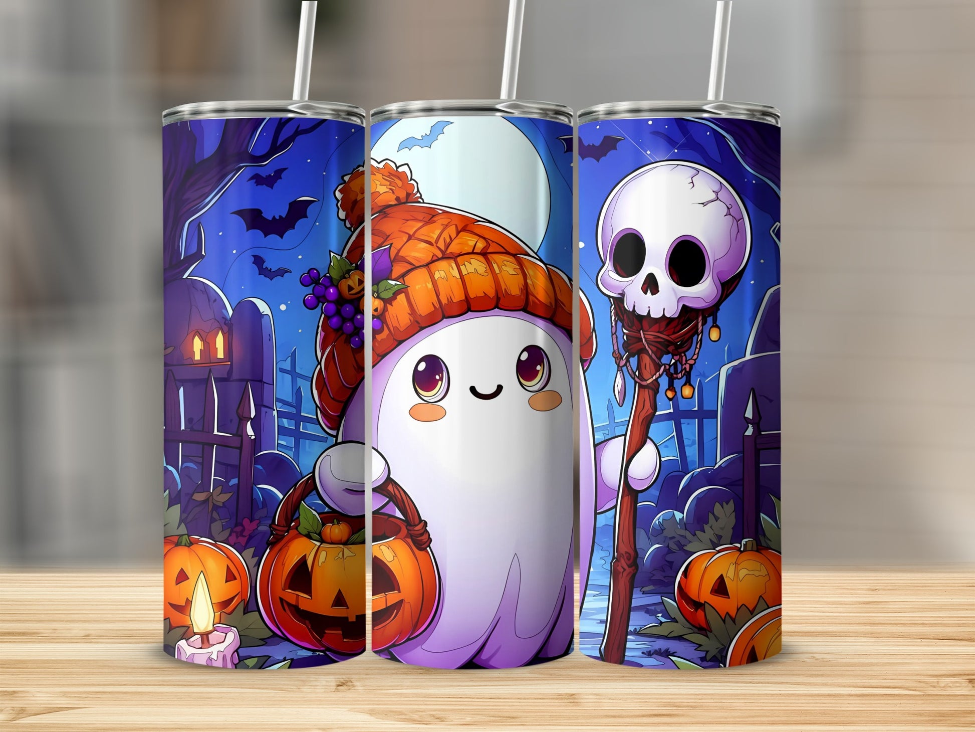 Halloween-themed tumblers with cute ghost, pumpkins, and skull design.