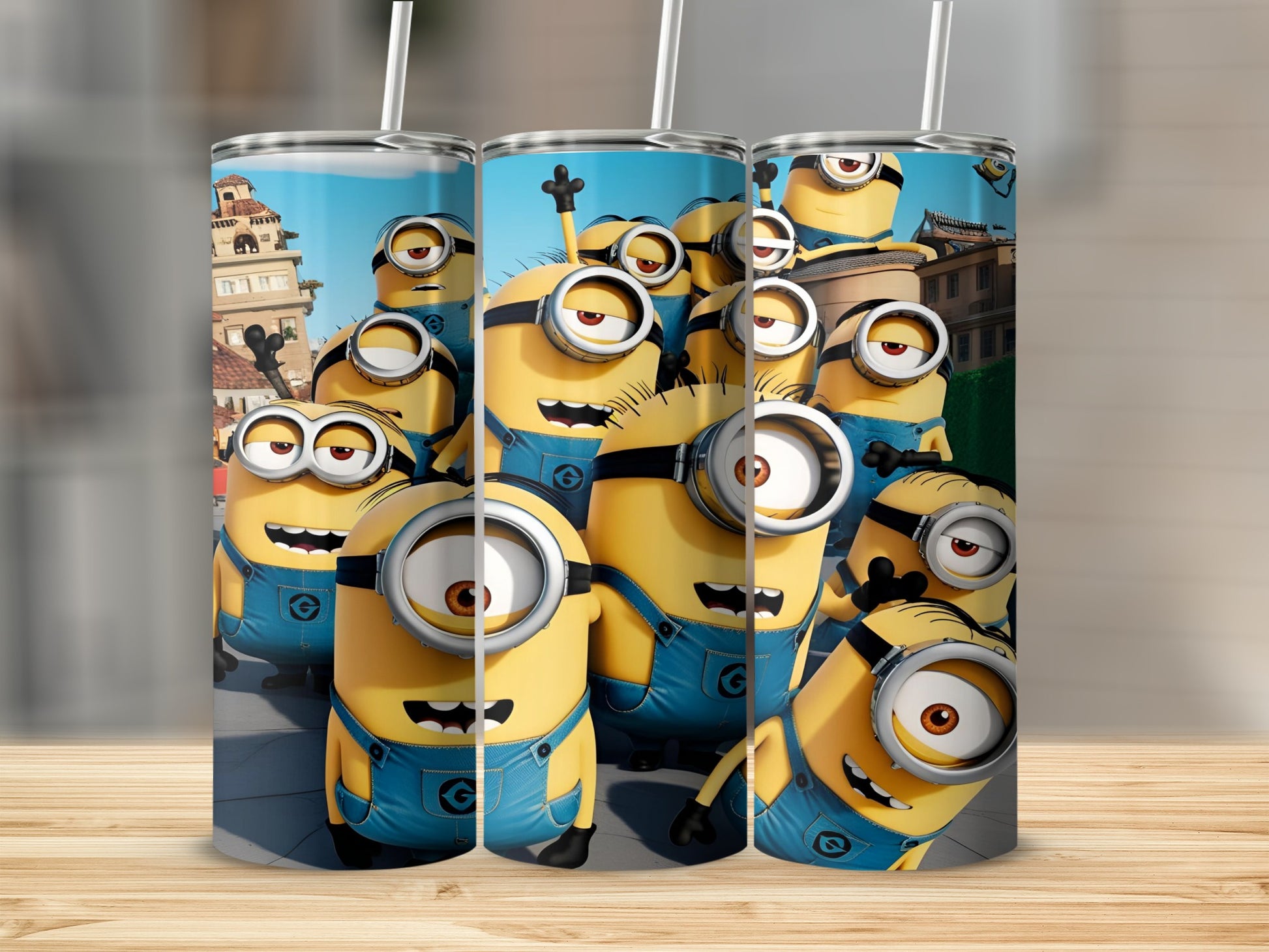 Minions wearing blue overalls, smiling, and looking out from behind each other.