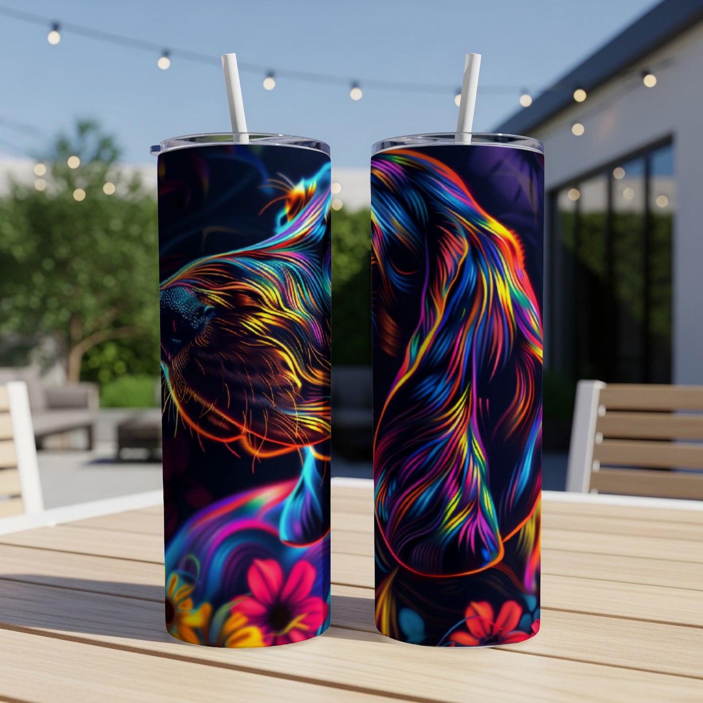 Two tumblers with colorful, neon dog and flower artwork.