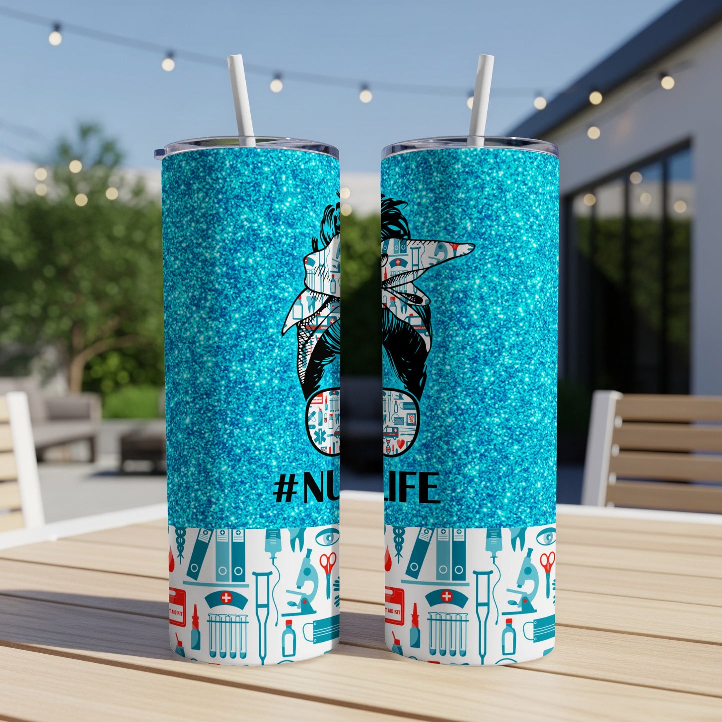 Two blue glitter tumblers with nurse-themed designs and text "#NUIFE".