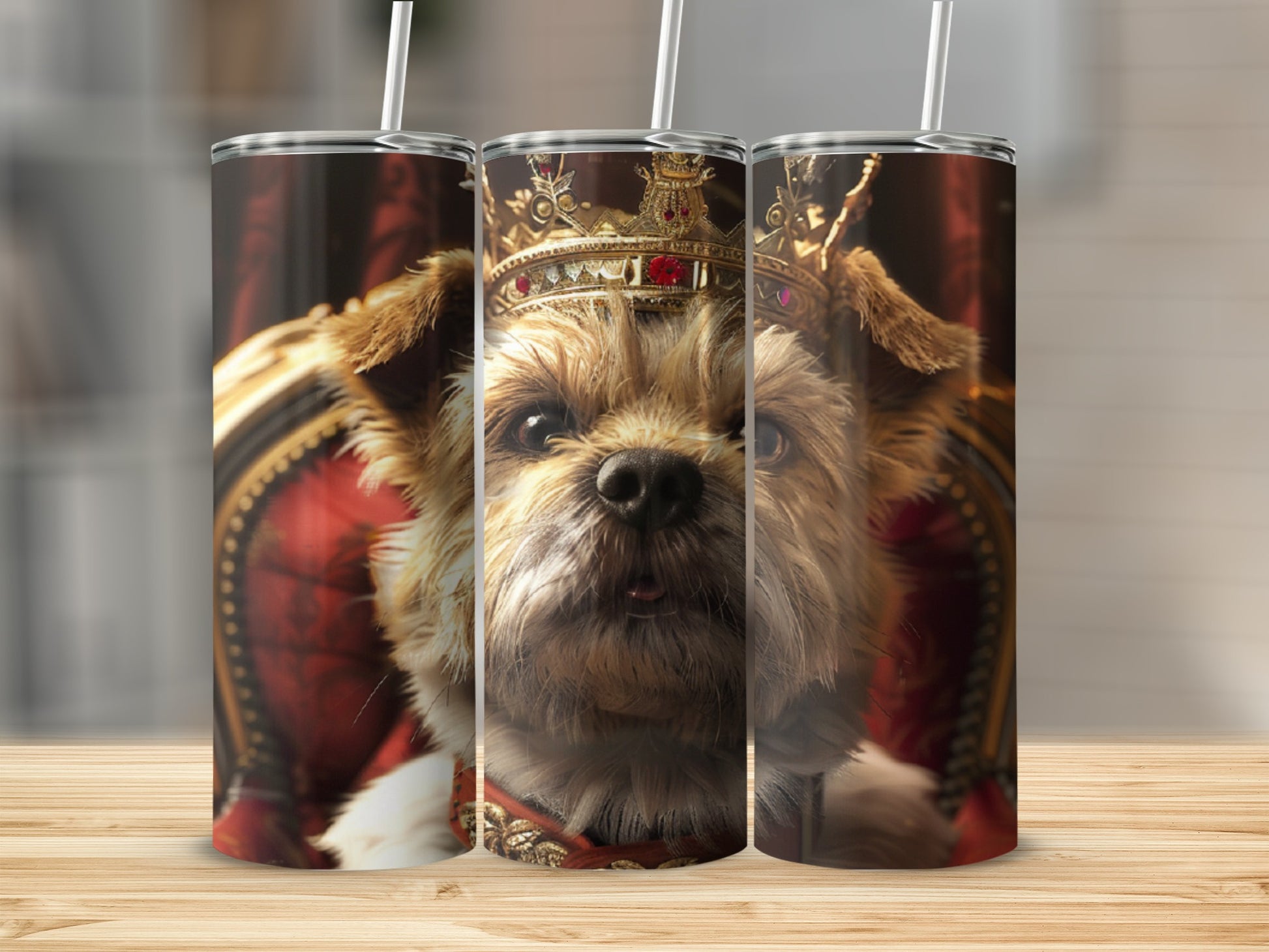 Yorkshire terrier wearing a crown and royal robe on a tumbler.