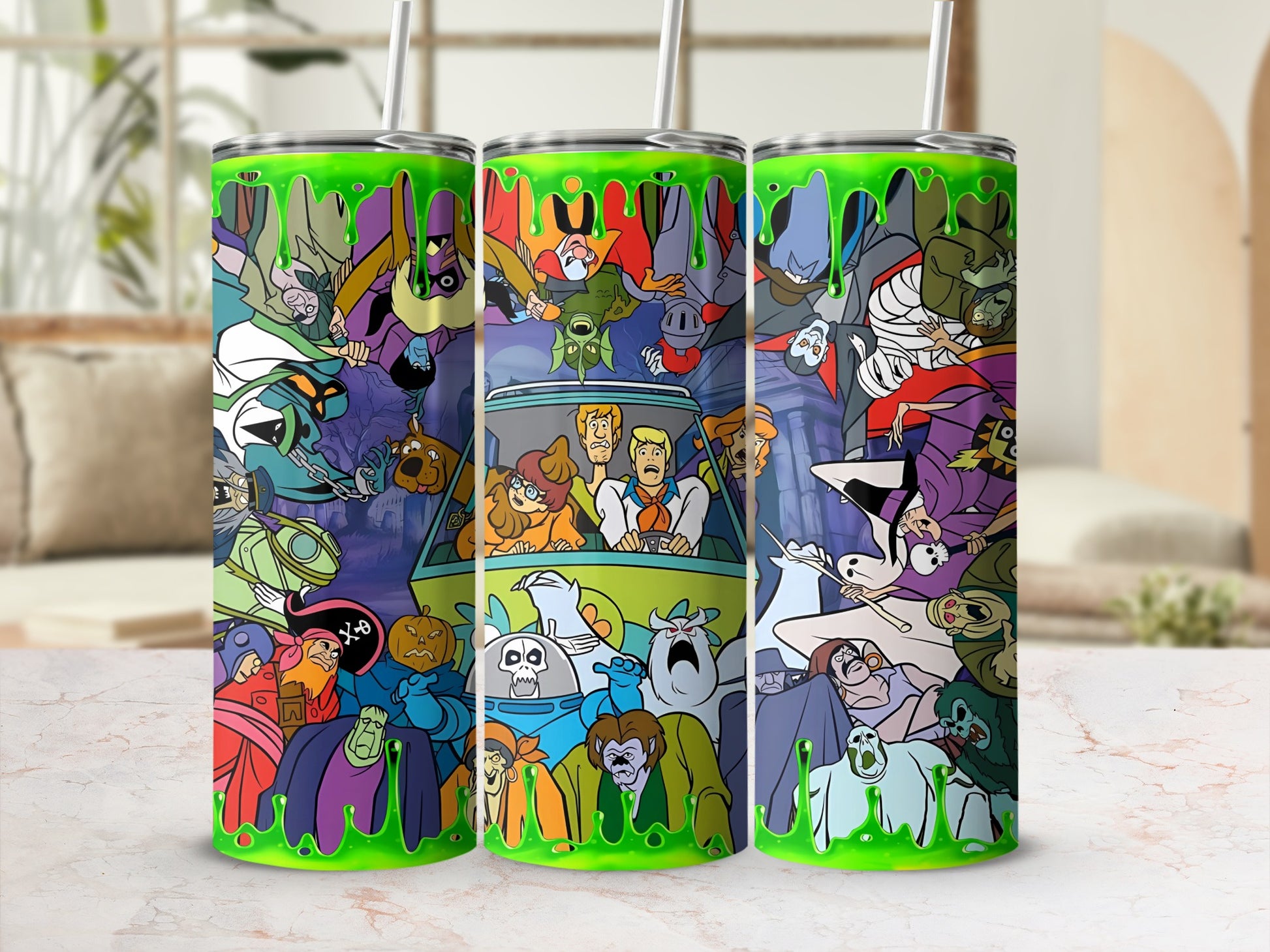 Scooby-Doo characters in a green slime-covered mystery machine.