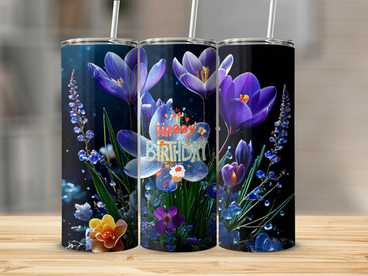 Tumbler with purple flowers, blue accents, and "Happy Birthday" text.