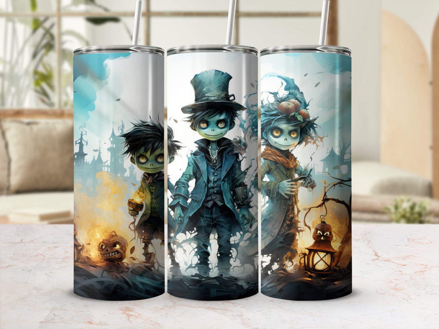 Three tumblers featuring spooky Halloween characters: a child with a pumpkin, a man in a top hat, and a witch with pumpkins.