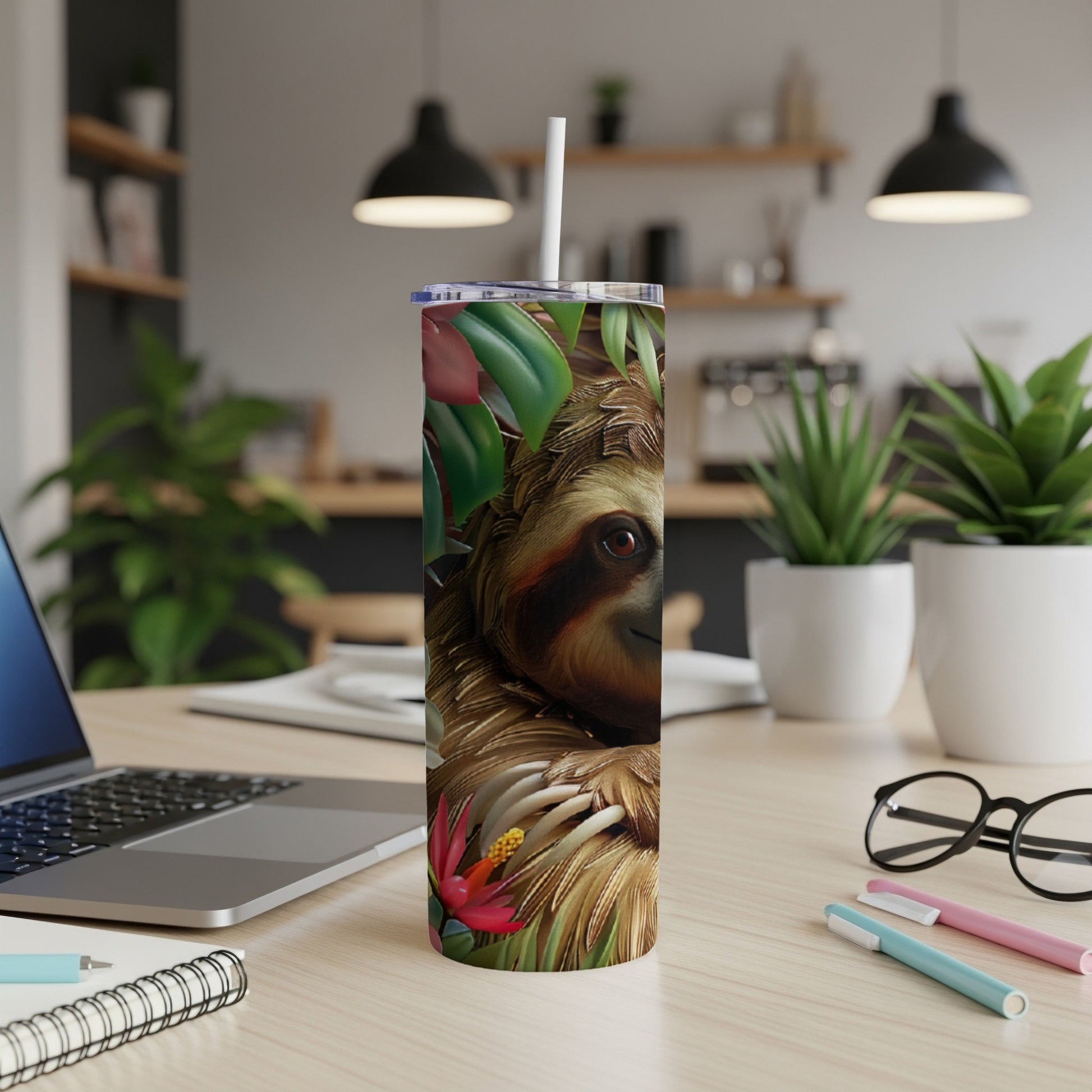 Sloth illustration on a tall tumbler with a straw, resting on a desk.