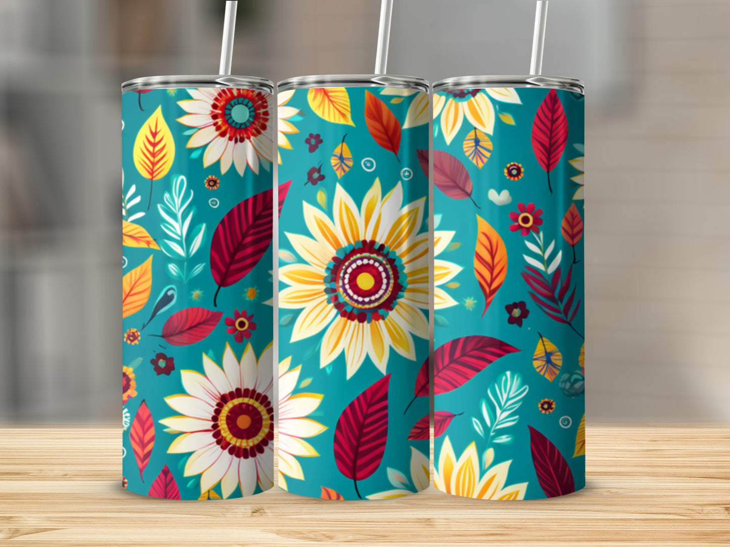 Three teal tumblers with a floral and leaf pattern.