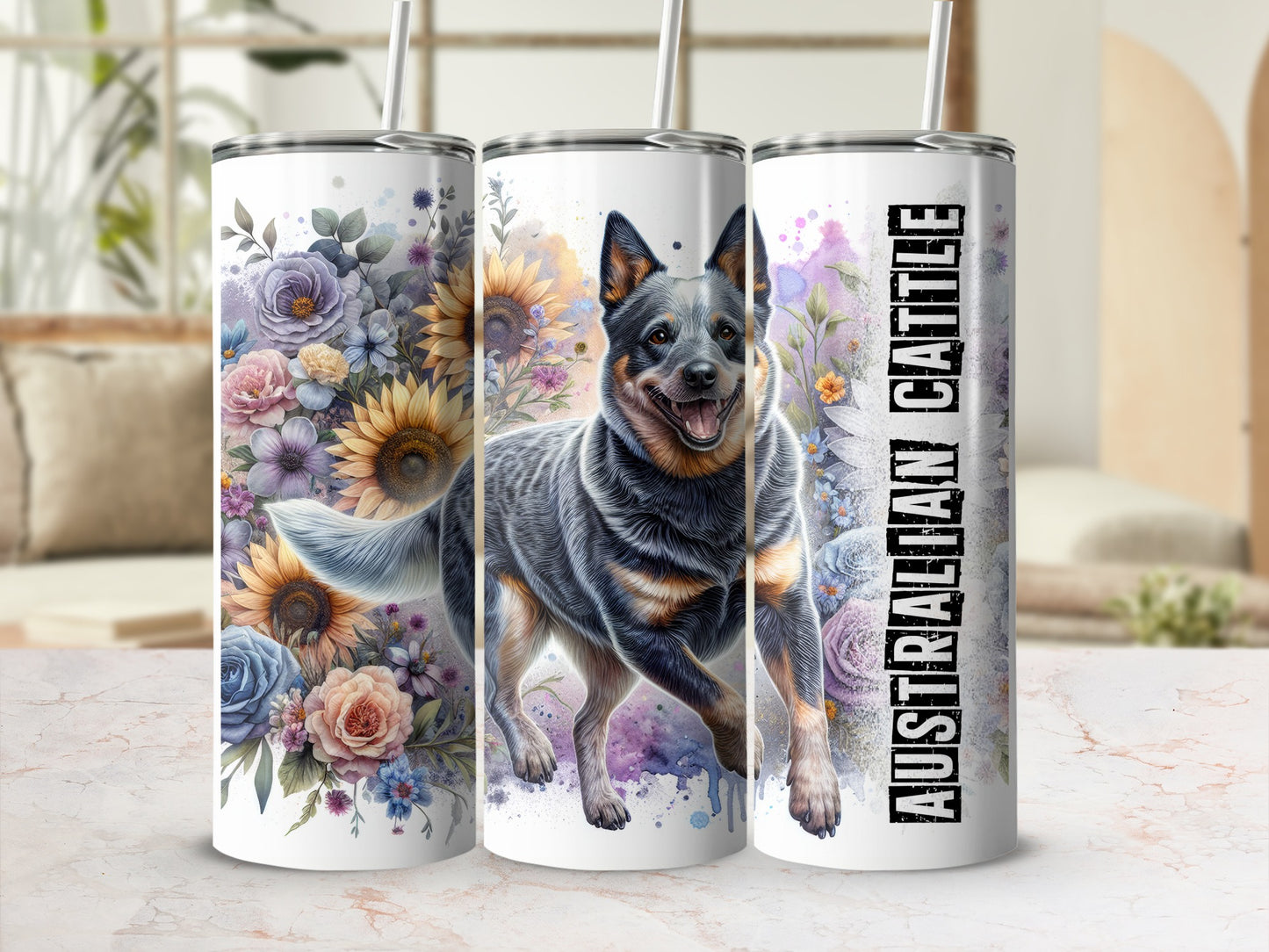 Australian Cattle Dog with sunflowers and roses on a tumbler.