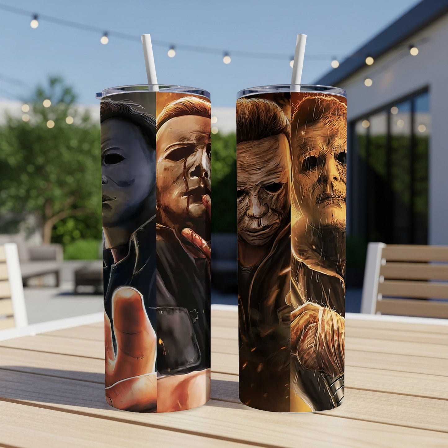 Tumblers featuring a collage of Michael Myers from Halloween movie franchise.