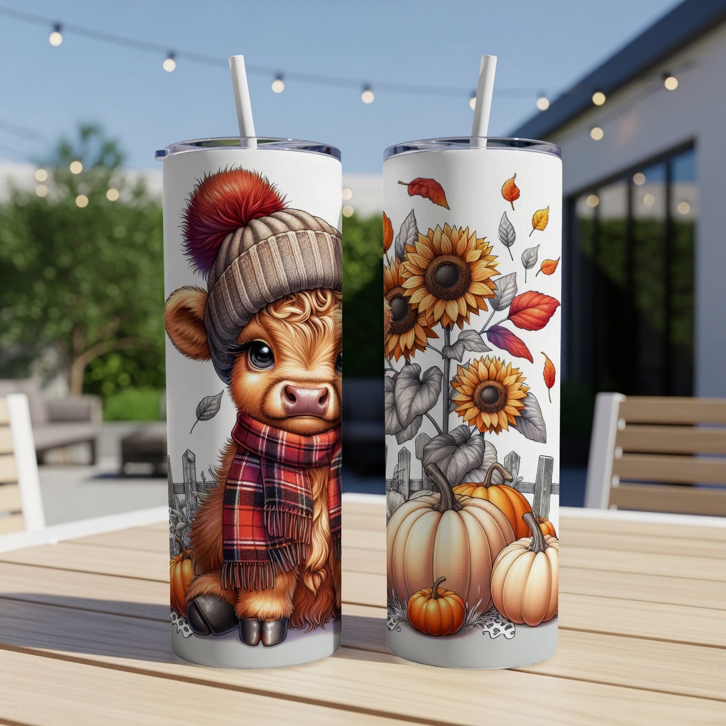 Cow with scarf and hat, sunflowers and pumpkins design on tumblers.