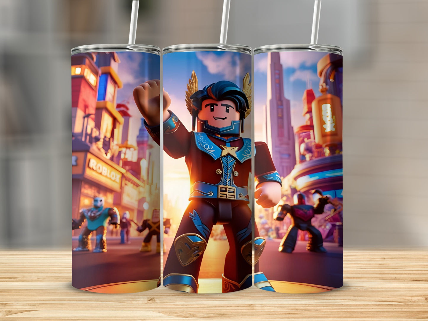 Roblox character with wings and gold accents on a city street.