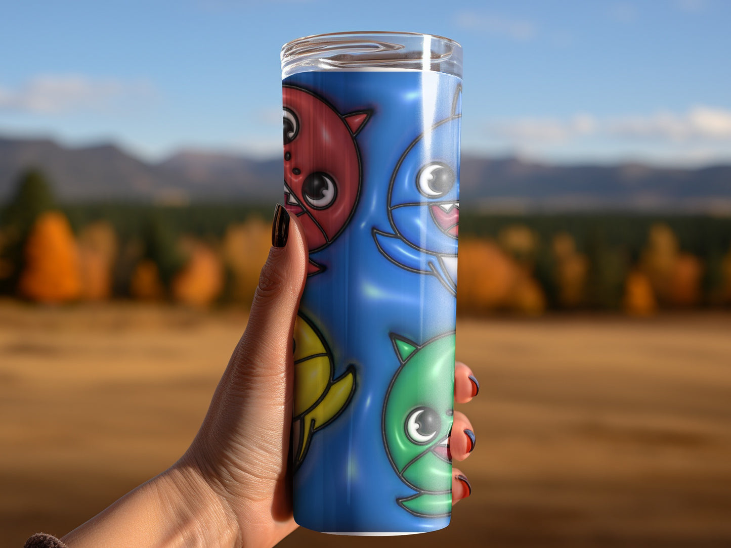 Cartoon Sharks in Red Blue Yellow Green Cute Tumblers