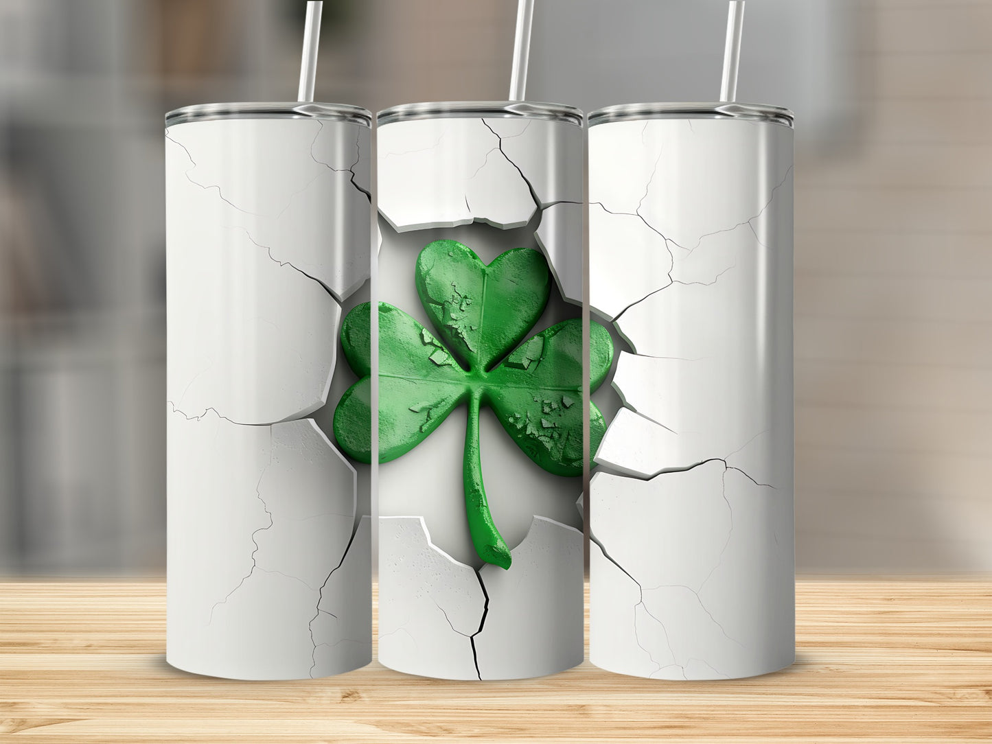 Three white tumblers with cracked stone texture and a green shamrock.