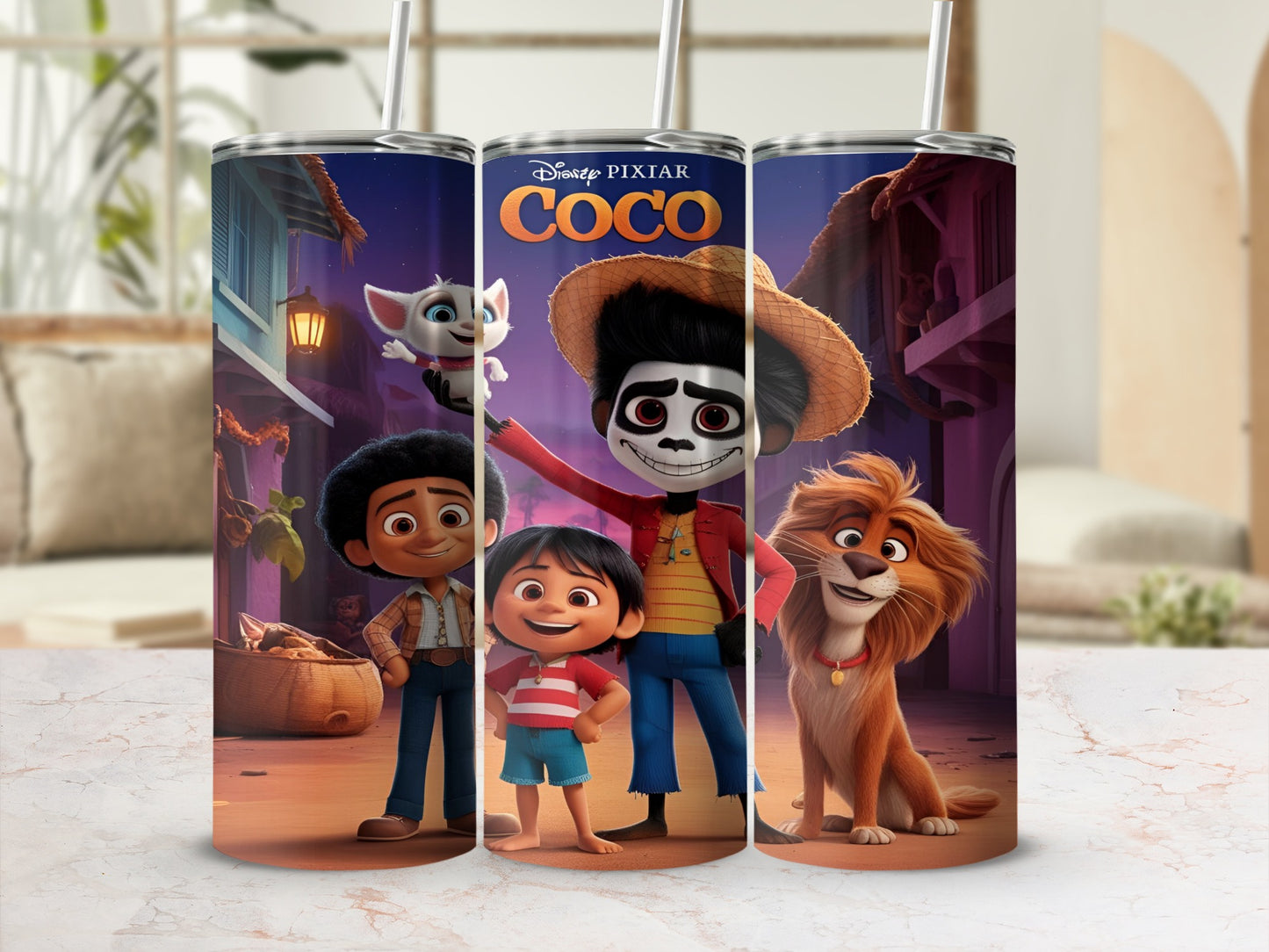 Coco characters Miguel, Hector, Dante, and Pepita on a tumbler.