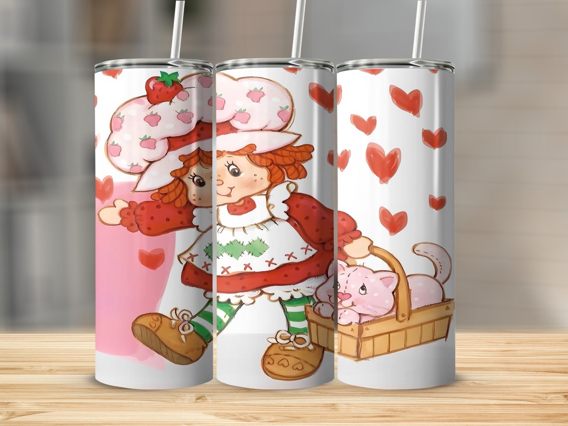 Strawberry Shortcake character with hearts and a basket of kittens.