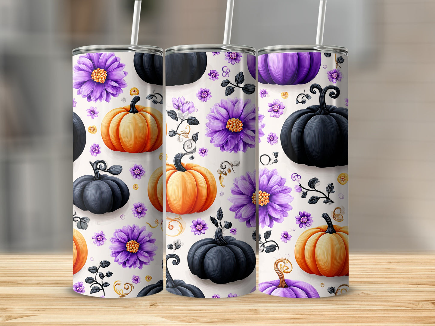 Halloween Pumpkin and Floral Patterned Tumbler