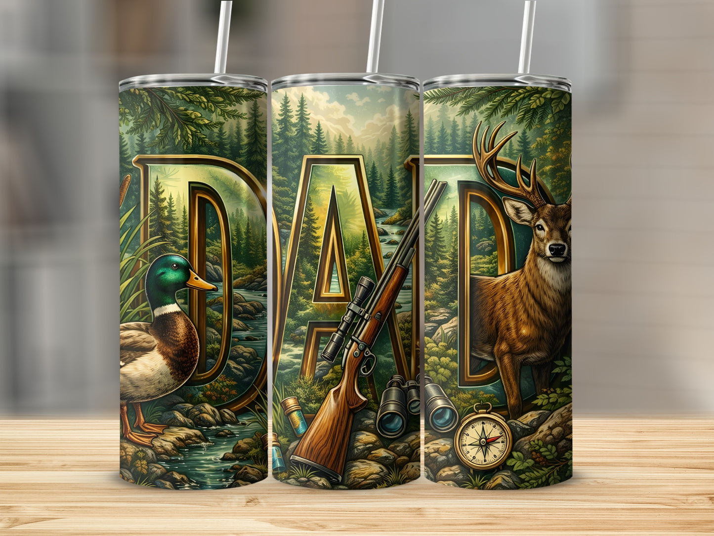 Tumbler with "DAD" text, duck, rifle, binoculars, compass, and deer.