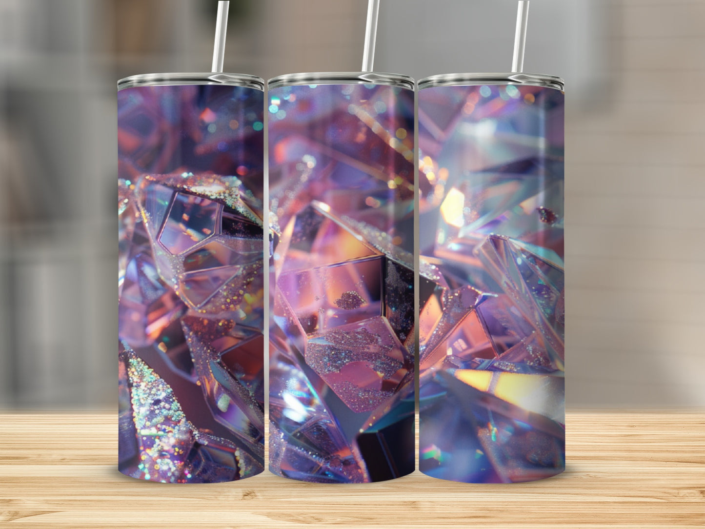 Three tumblers with a sparkly purple and blue crystal pattern.