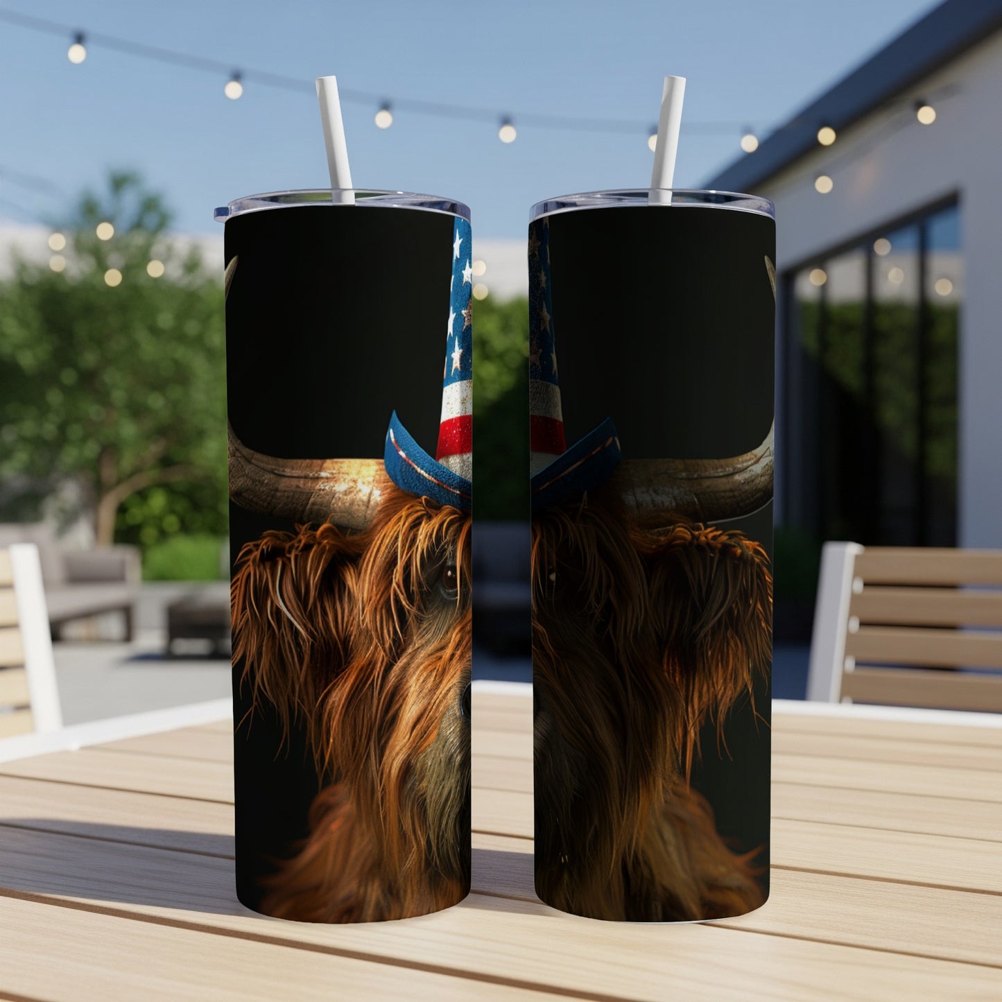 Highland cow wearing an American flag hat on a tumbler.