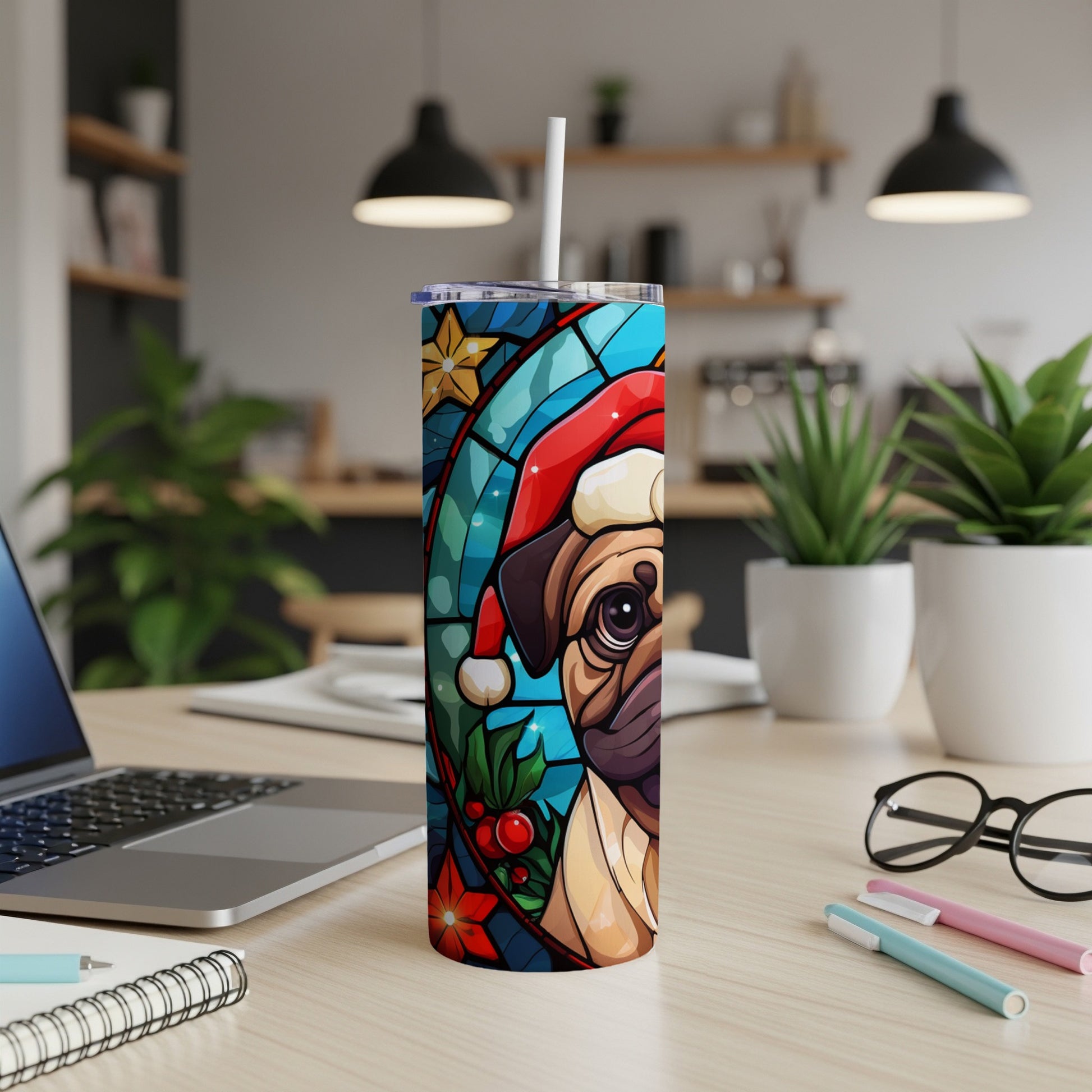 Stained glass pug wearing a Santa hat on a tumbler.